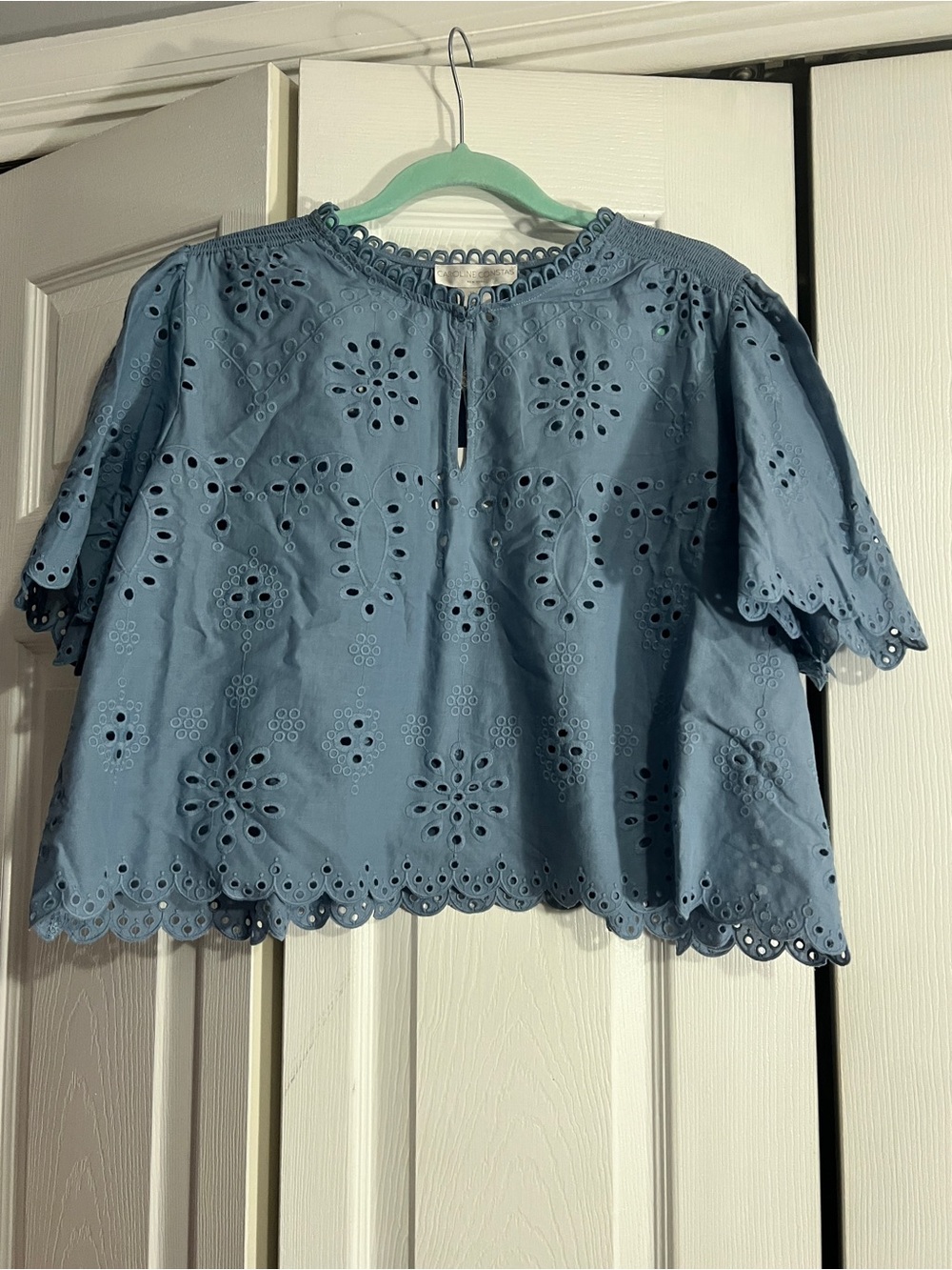 Caroline Constas Dusty Blue Eyelet Scallop-Hem Blouse
